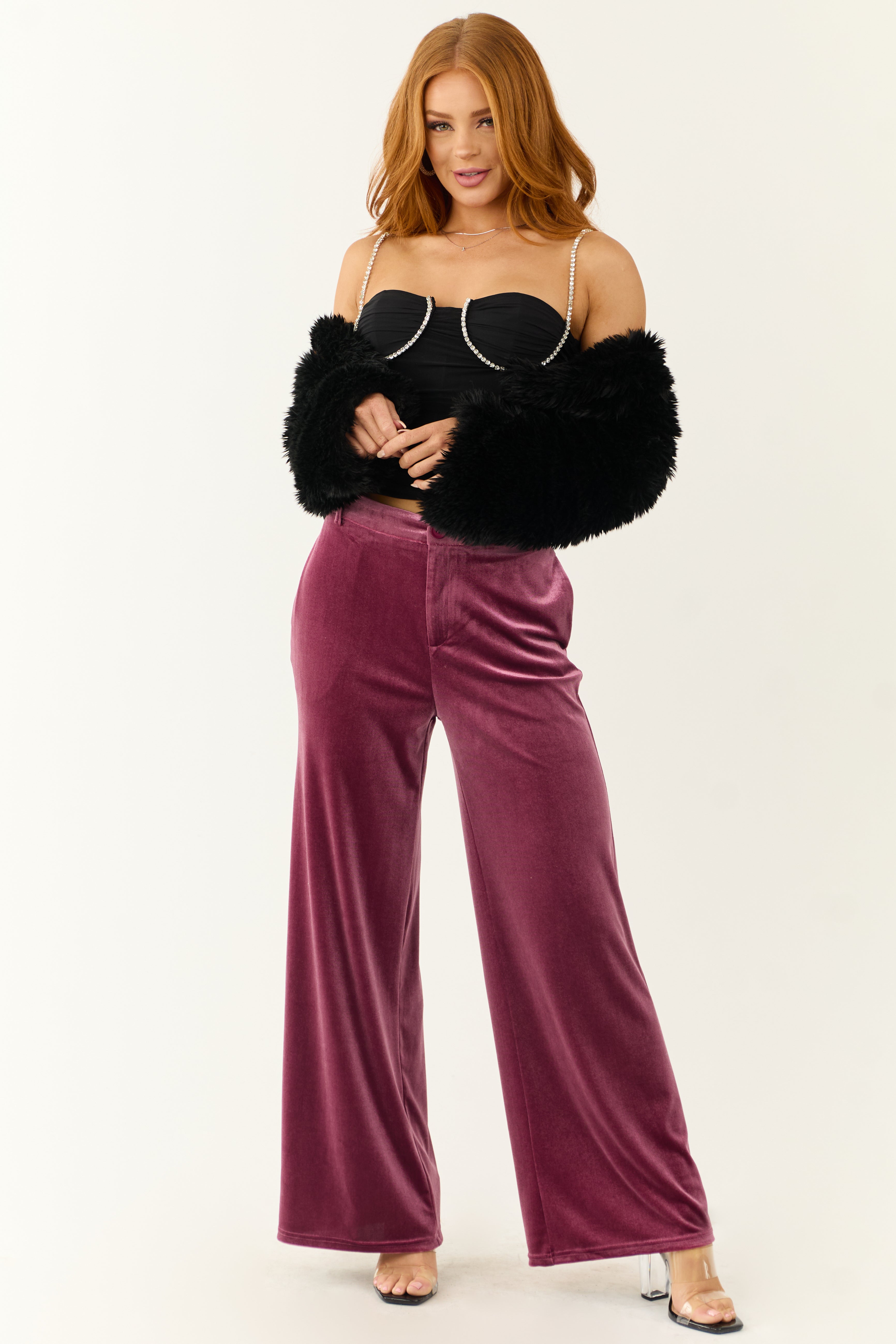 Berry Velvet Wide Leg High Waisted Pants