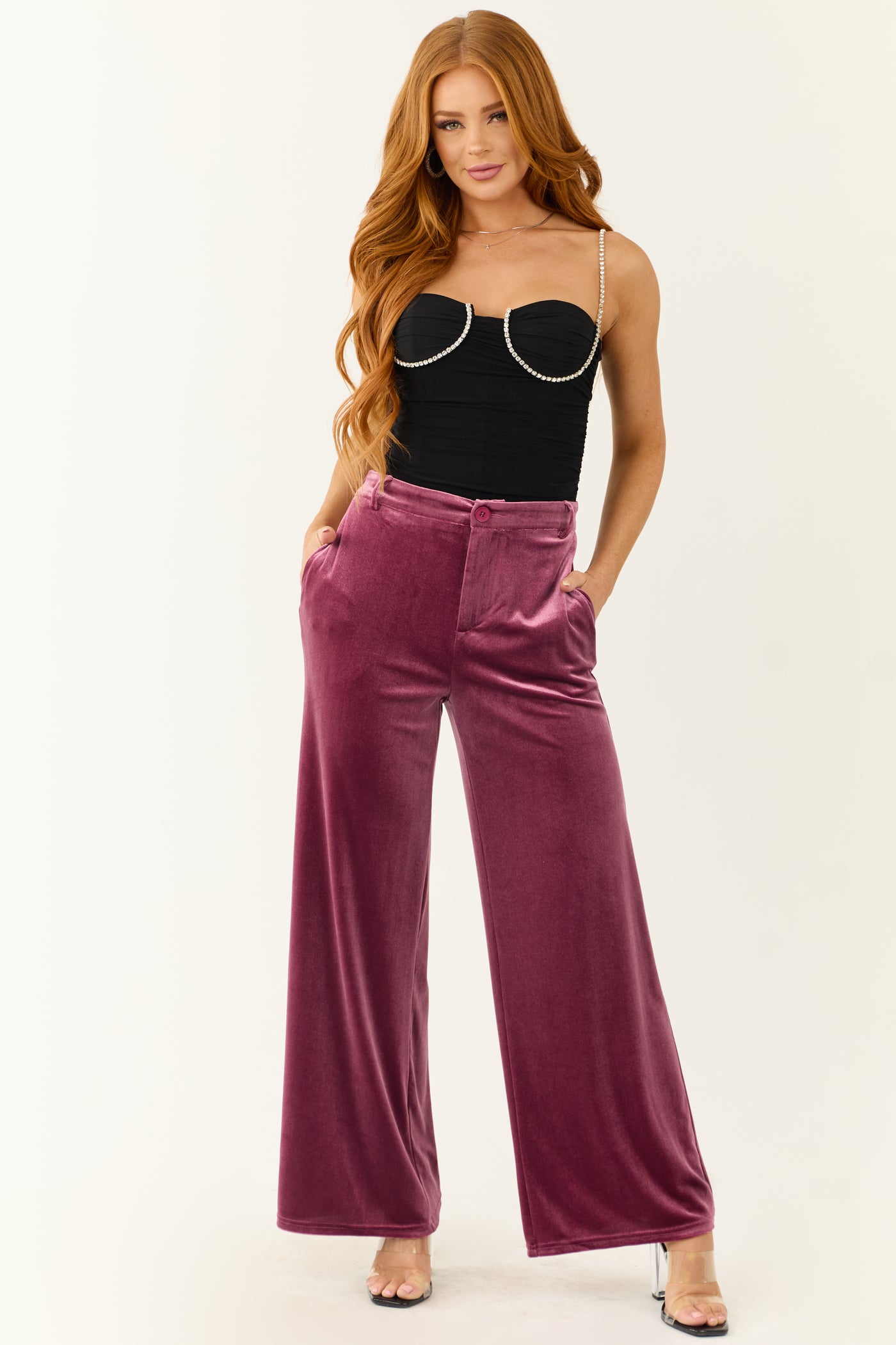 Berry Velvet Wide Leg High Waisted Pants