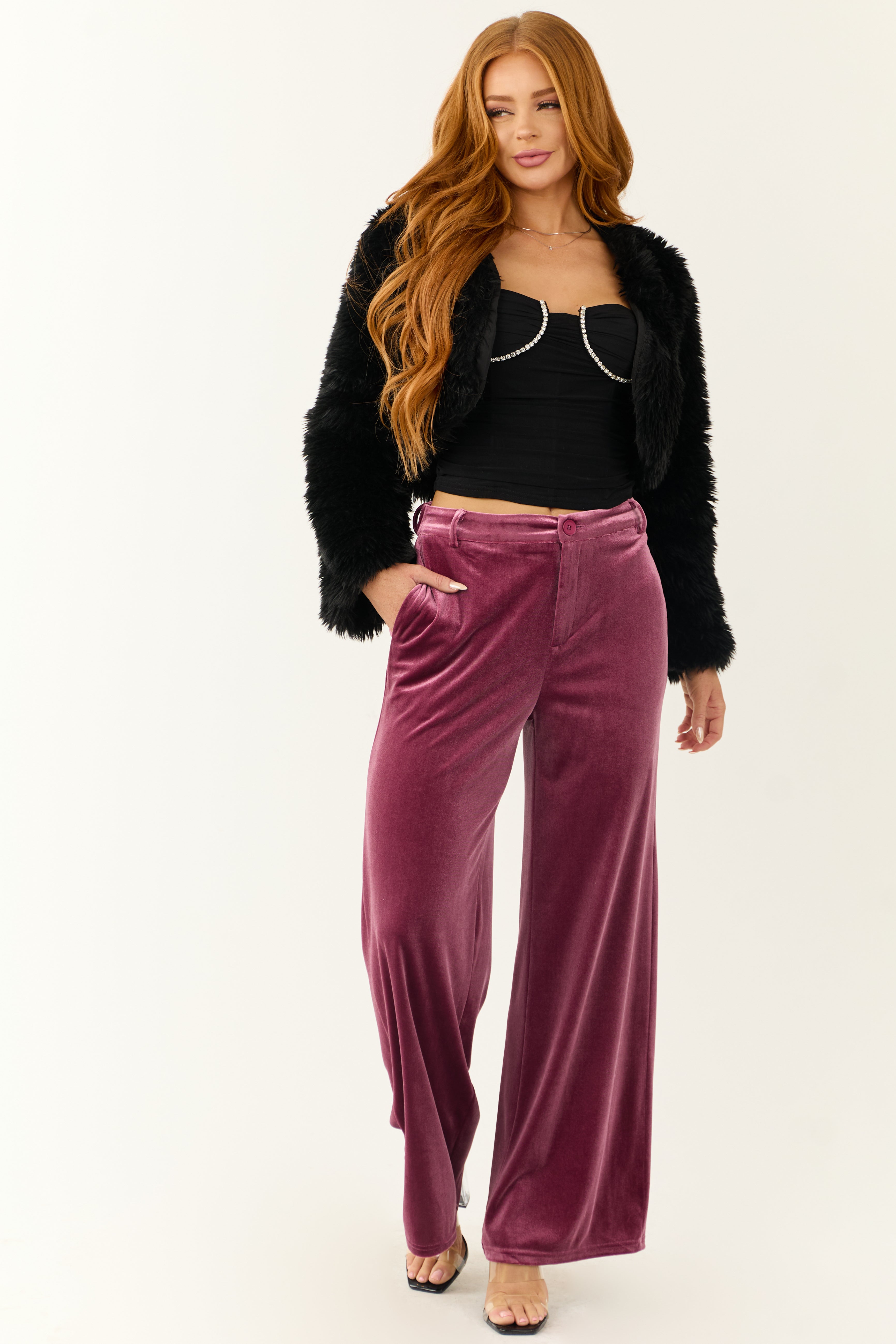 Berry Velvet Wide Leg High Waisted Pants