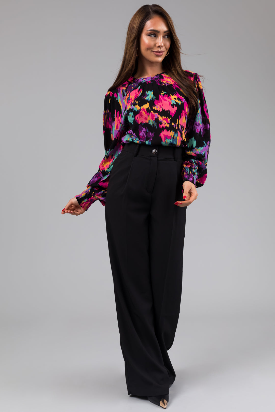Black Abstract Floral Long Sleeve Blouse & Lime Lush