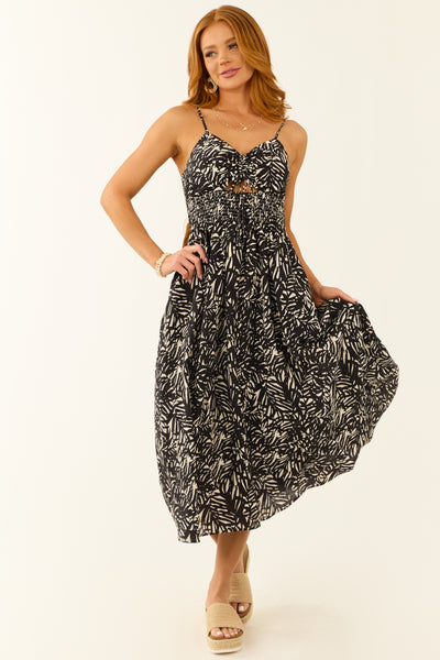 Black Abstract Leaf Print Ruched Midi Dress