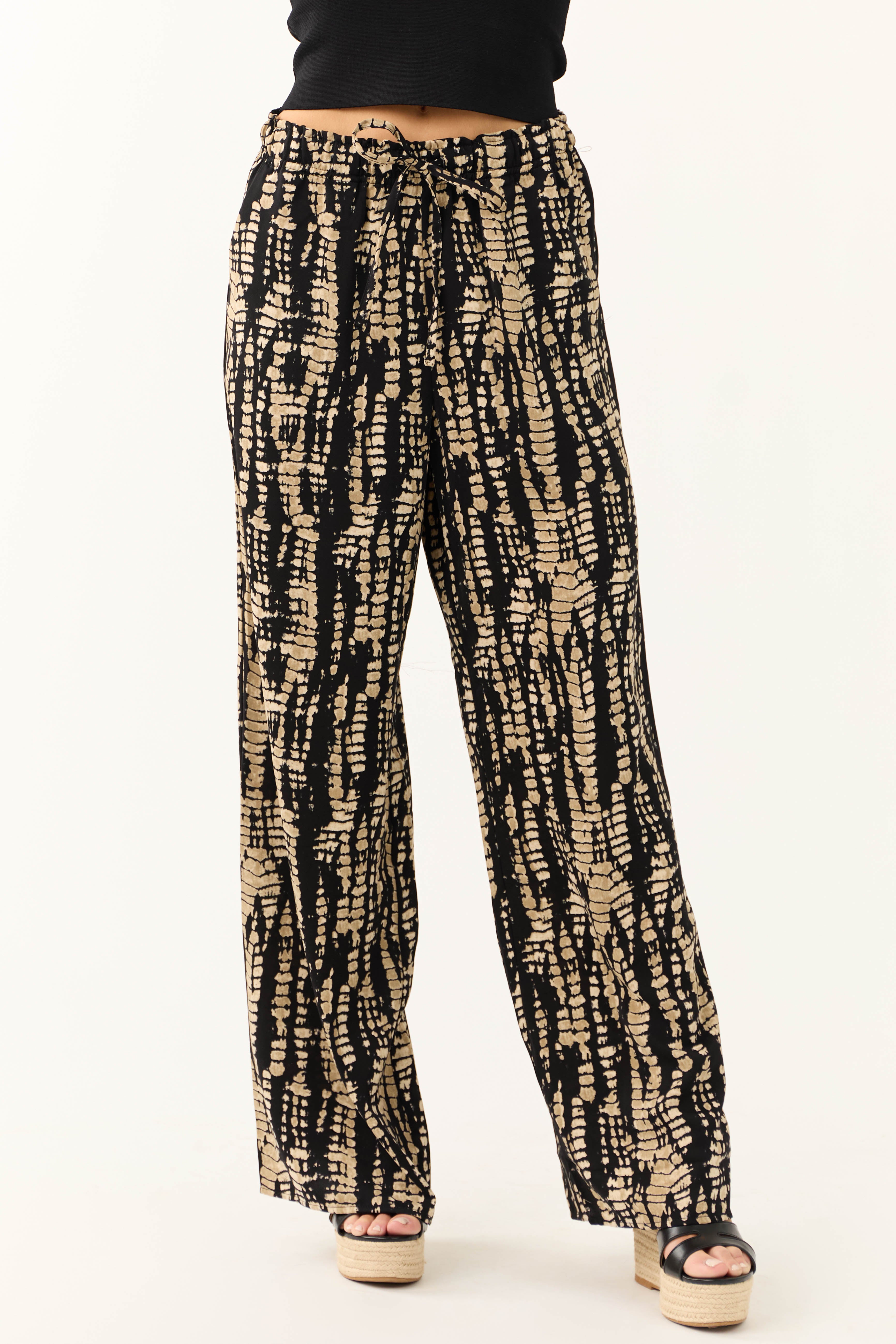 Black Abstract Print Drawstring Pants