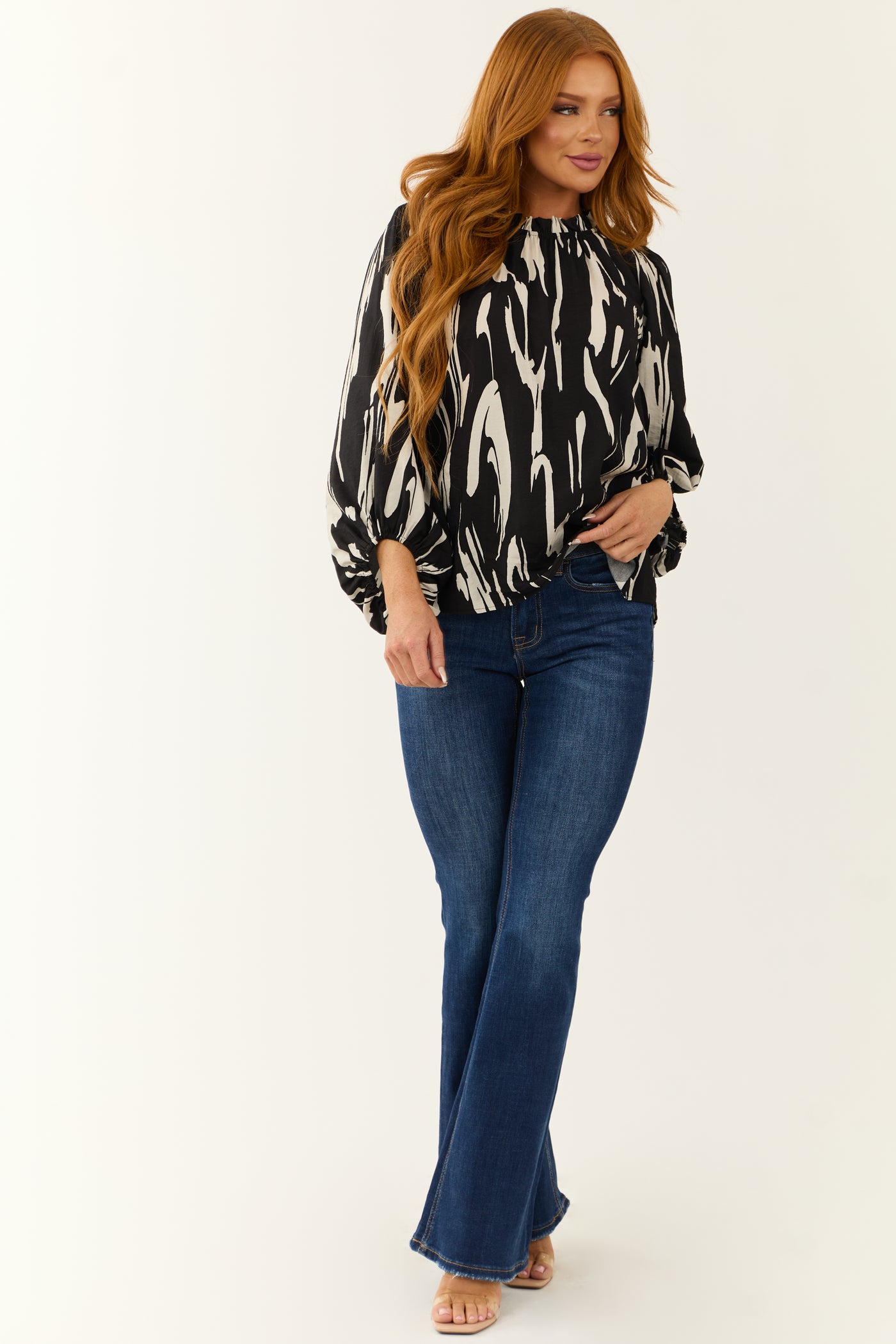 Black Abstract Print Long Puff Sleeve Top