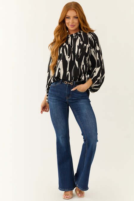 Black Abstract Print Long Puff Sleeve Top