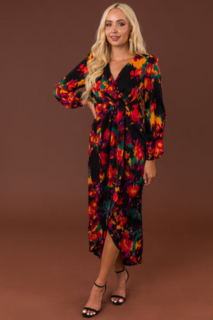 Black Abstract Print Long Sleeve Maxi Dress