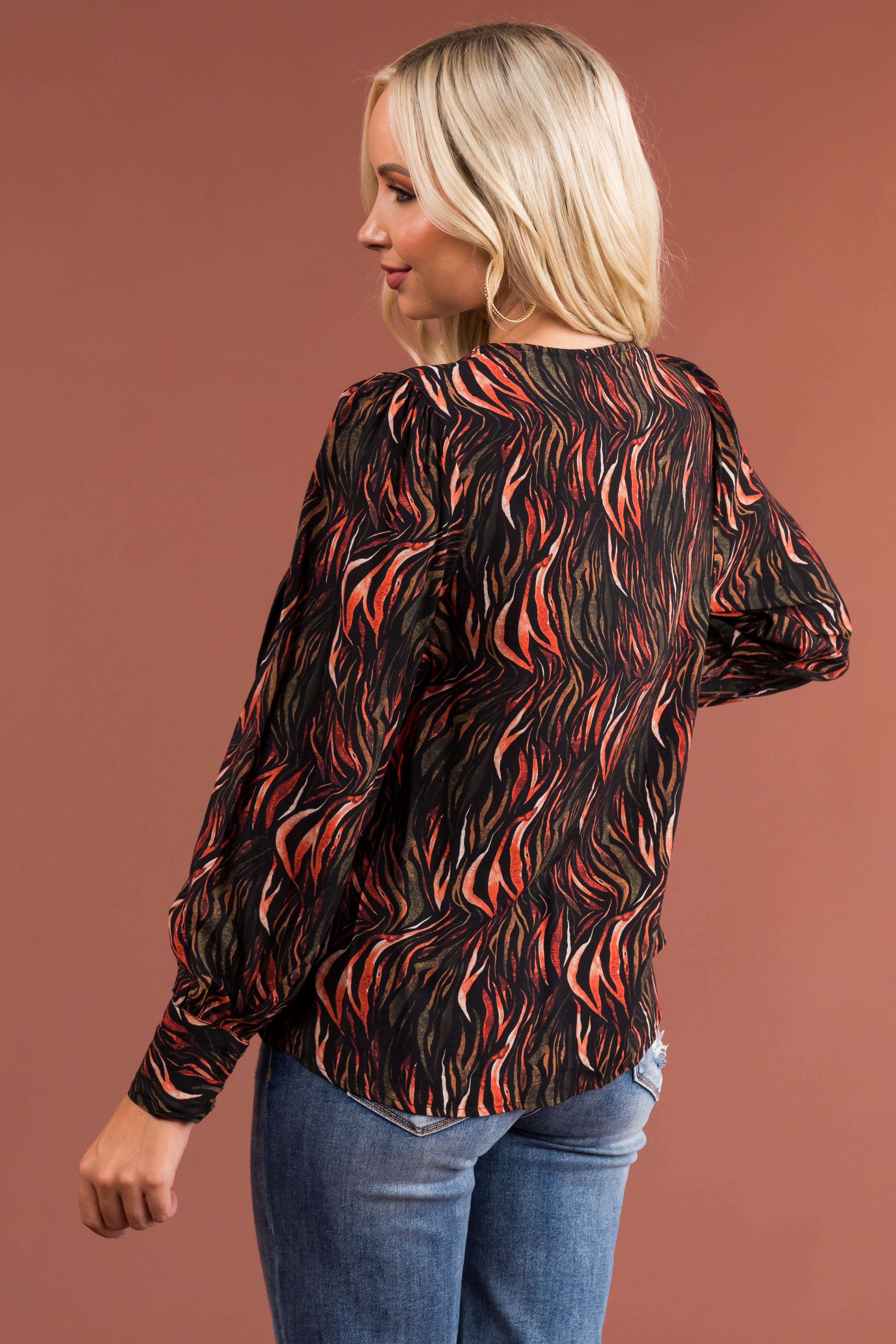 Black Abstract Print Surplice Long Sleeve Blouse