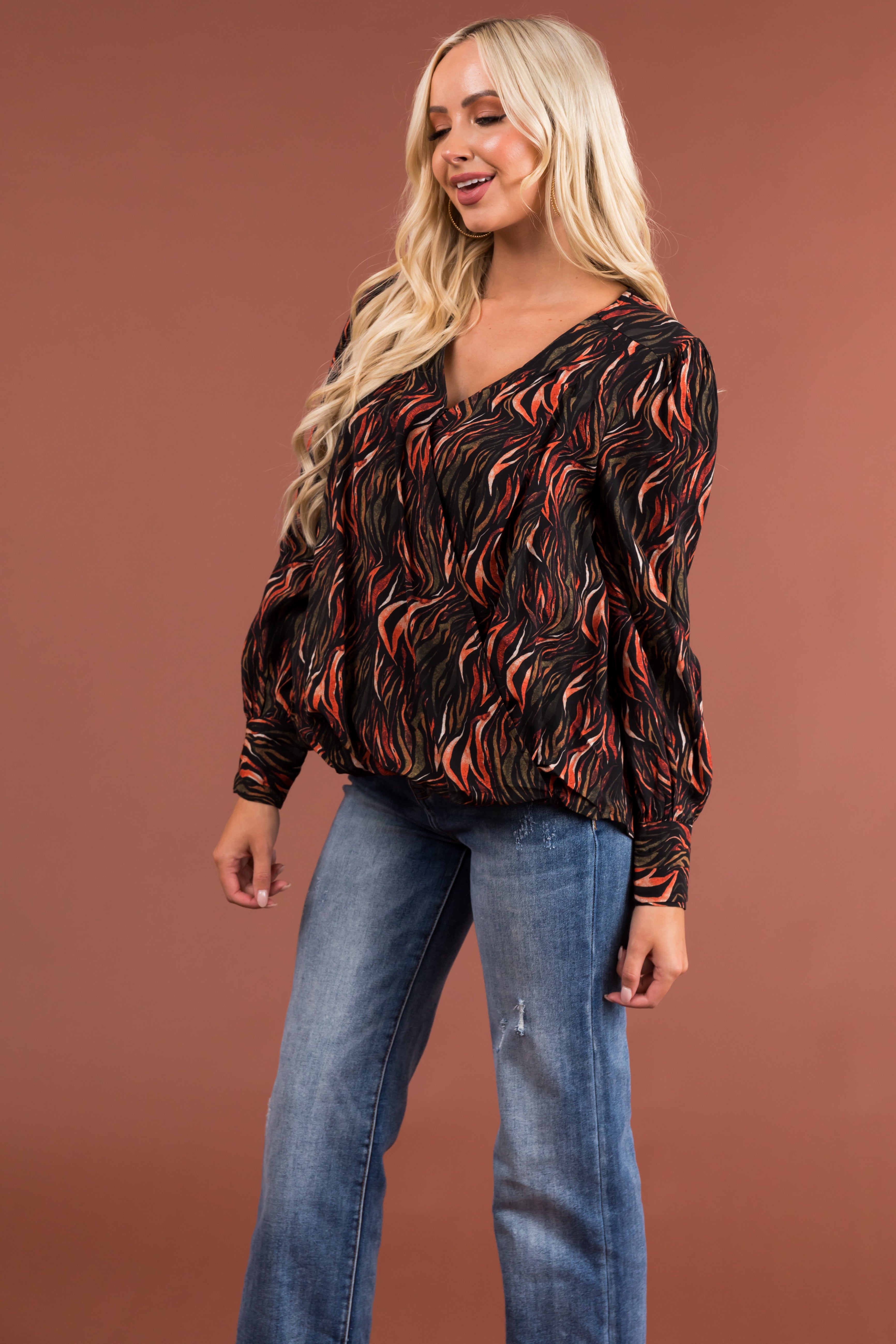 Black Abstract Print Surplice Long Sleeve Blouse