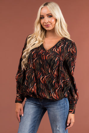 Black Abstract Print Surplice Long Sleeve Blouse