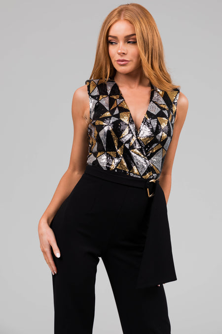 Black Abstract Sequin Print Sleeveless Jumpsuit