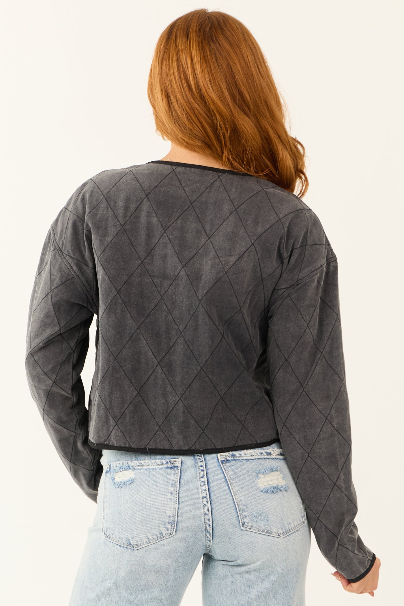 Black Acid Wash Zip Up Long Sleeve Quilted Jacket