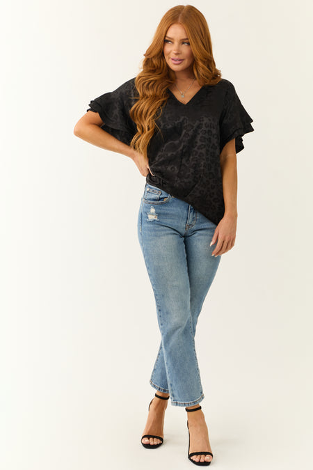 Black Animal Print Short Ruffle Sleeve Top