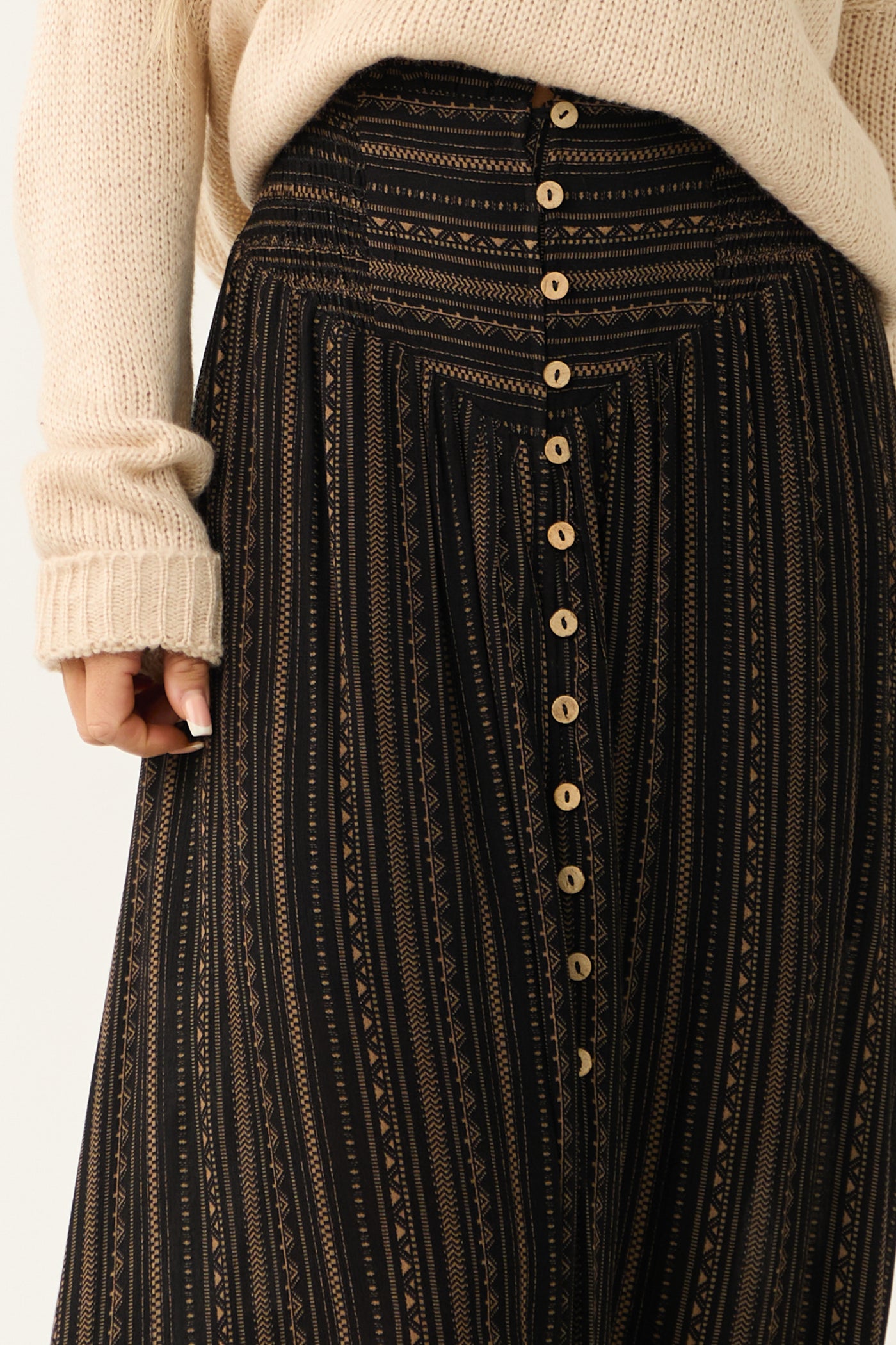 Black Aztec Print Slit Maxi Skirt