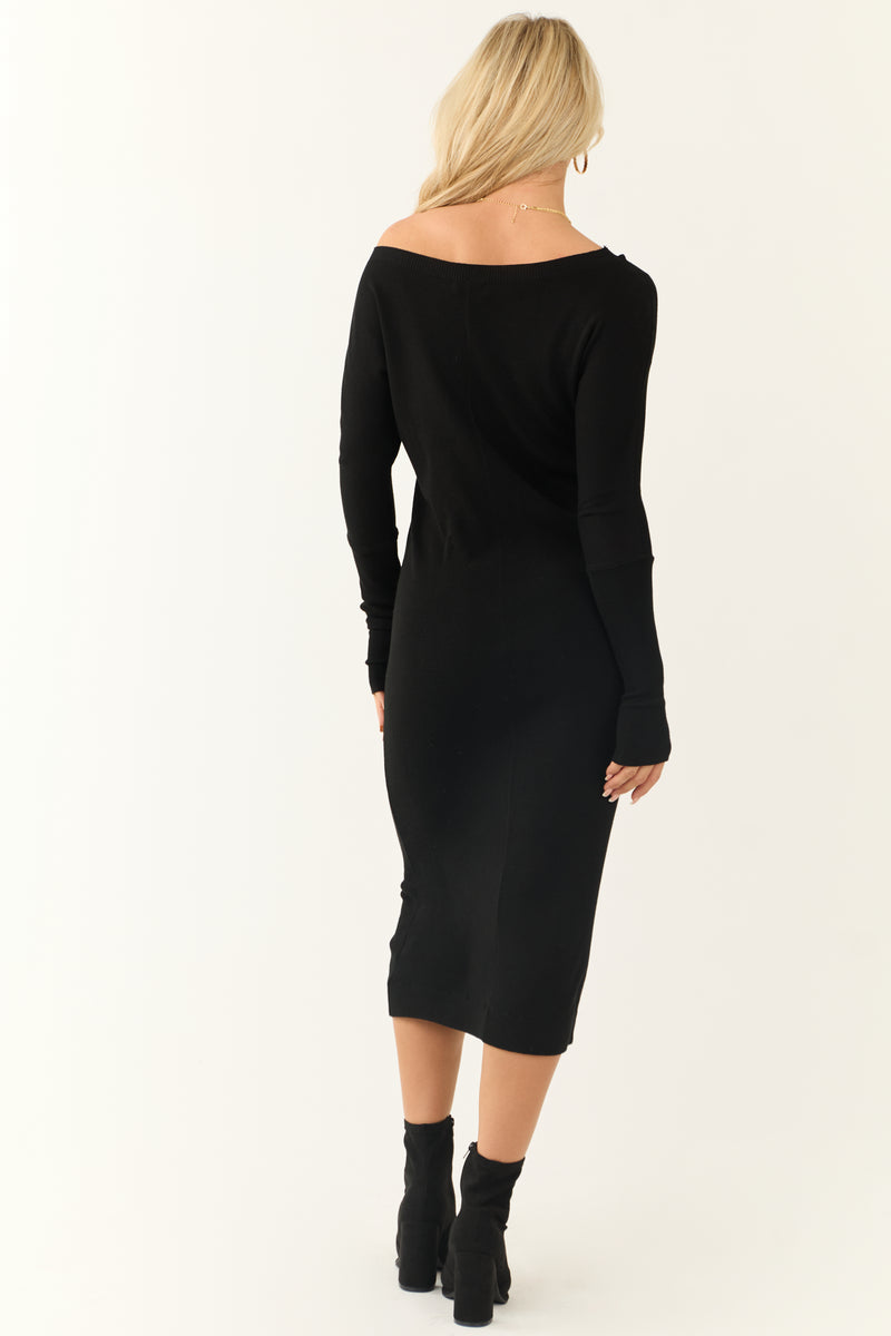 Black Boat Neck Long Sleeve Midi Sweater Dress