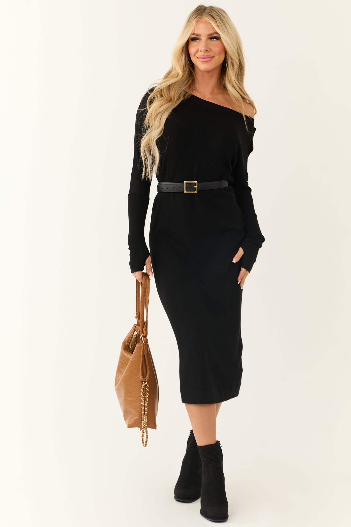 Black Boat Neck Long Sleeve Midi Sweater Dress