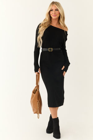 Black Boat Neck Long Sleeve Midi Sweater Dress