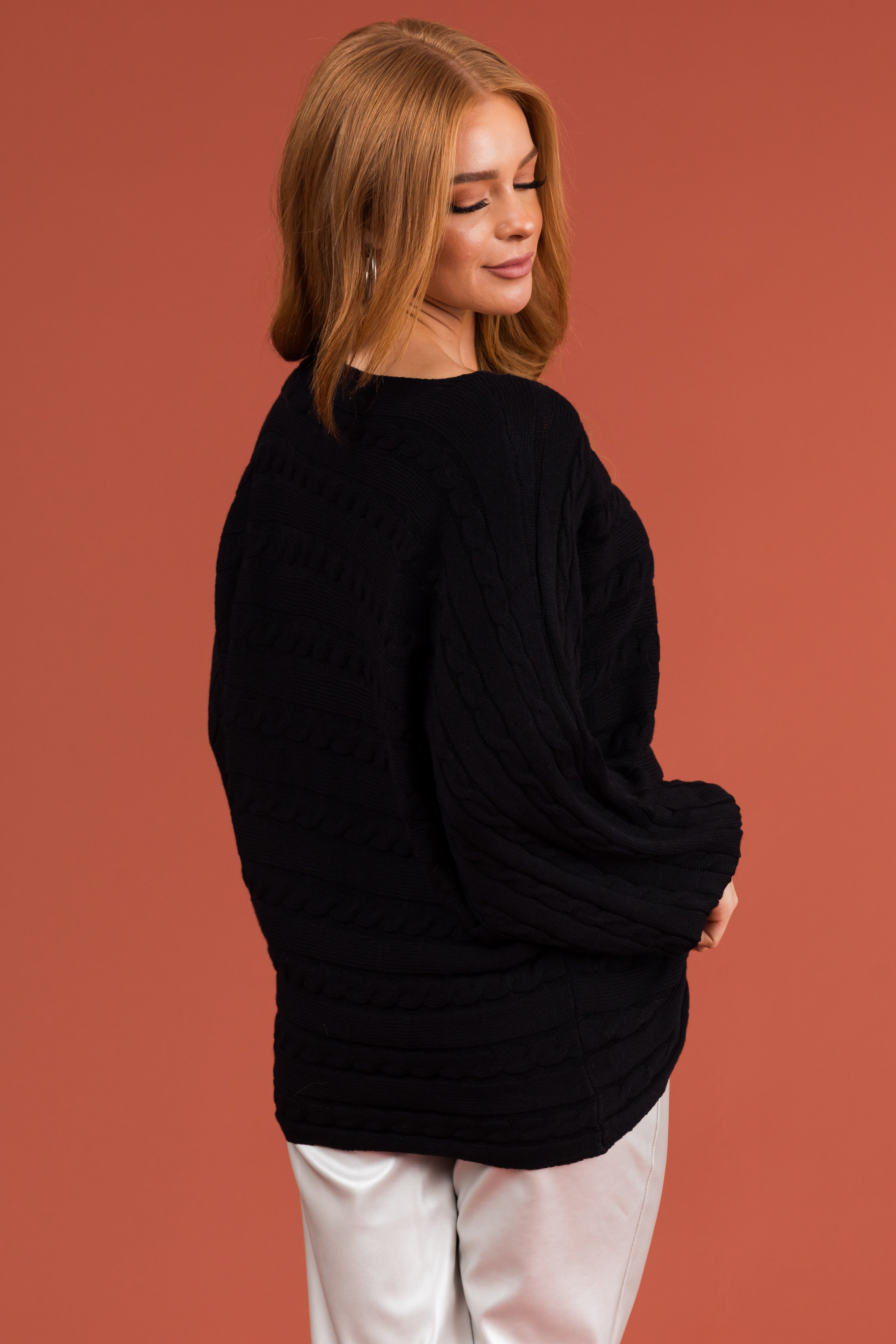 Black Boat Neckline Soft Cable Knit Sweater