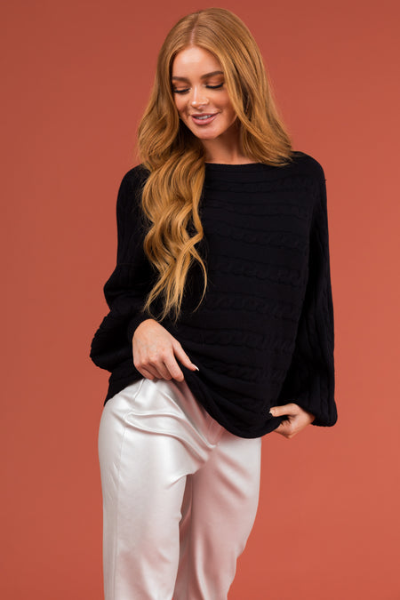 Black Boat Neckline Soft Cable Knit Sweater