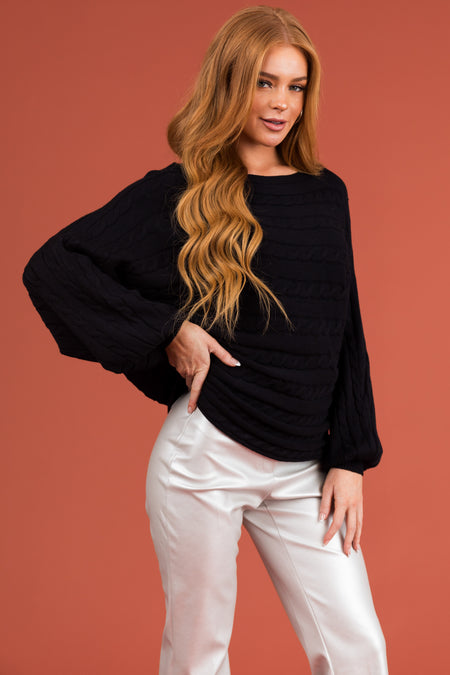 Black Boat Neckline Soft Cable Knit Sweater