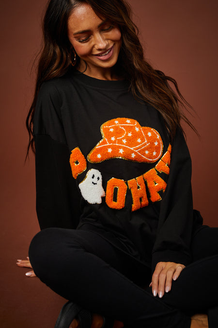 Black 'Boo Haw' Cowboy Hat Graphic Sweater