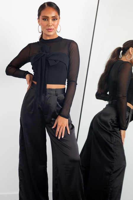 Black Bow Detail Mesh Long Sleeve Crop Top