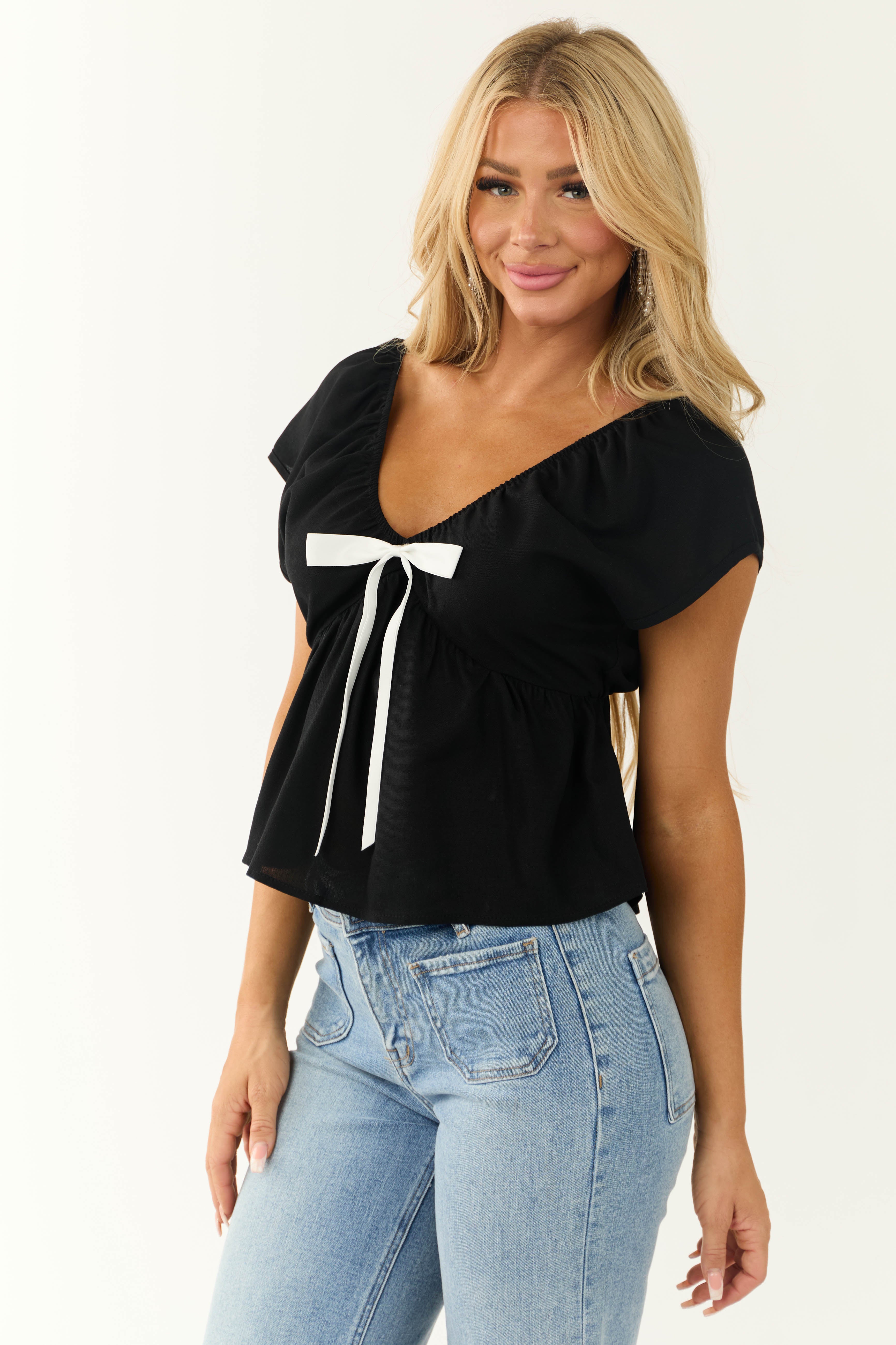 Black Bow Detail Short Sleeve Linen Blouse