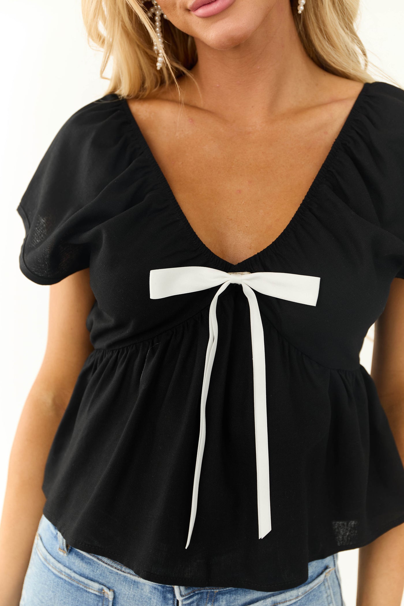 Black Bow Detail Short Sleeve Linen Blouse