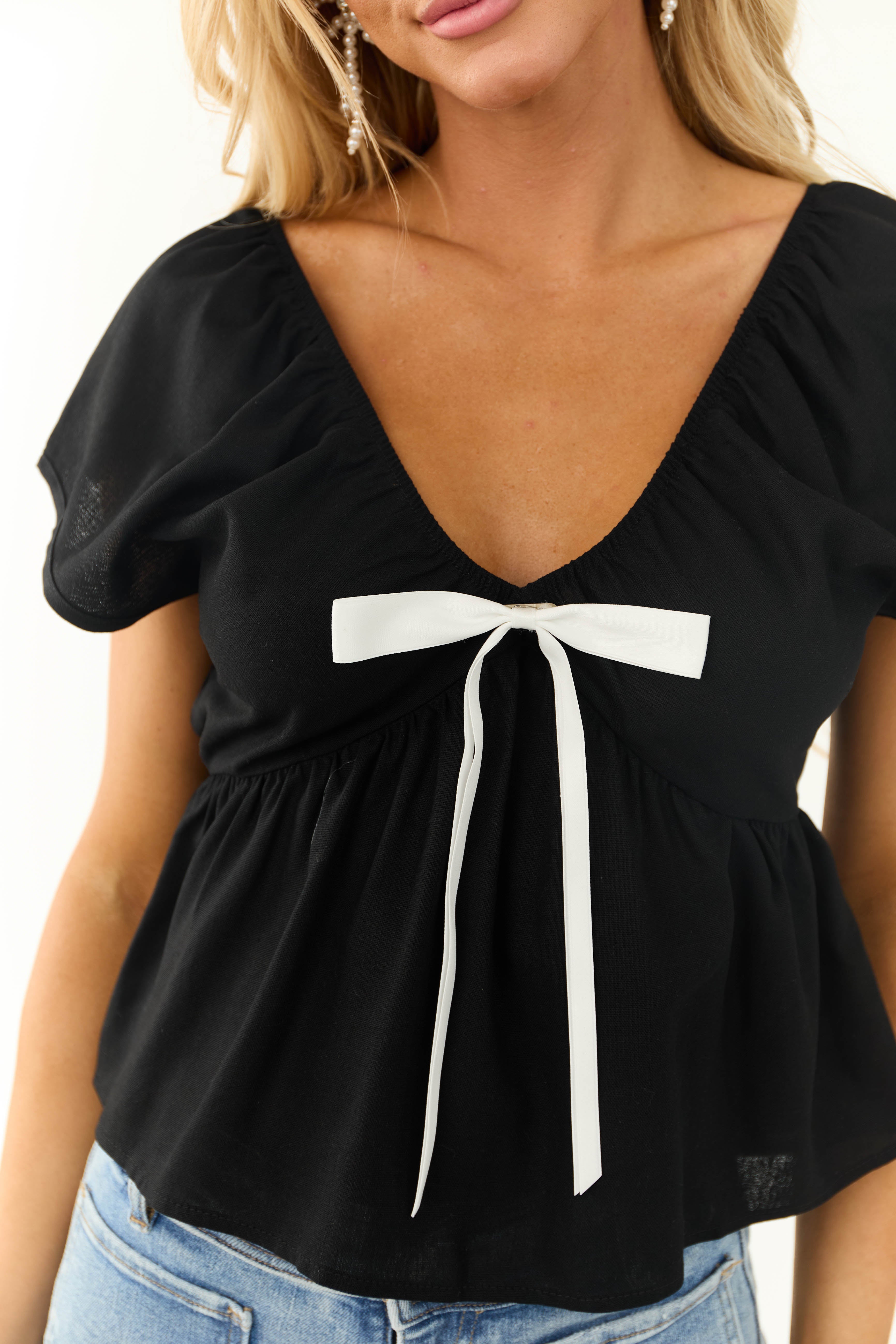 Black Bow Detail Short Sleeve Linen Blouse