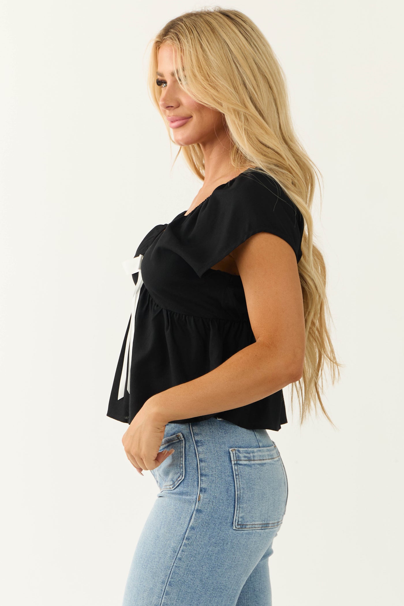 Black Bow Detail Short Sleeve Linen Blouse