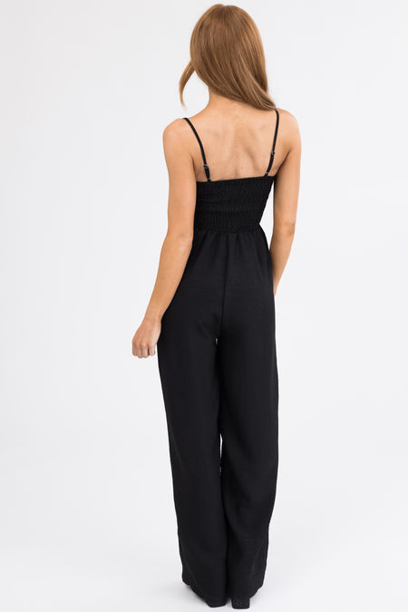 Black Bow Front Smocked Jumpsuit