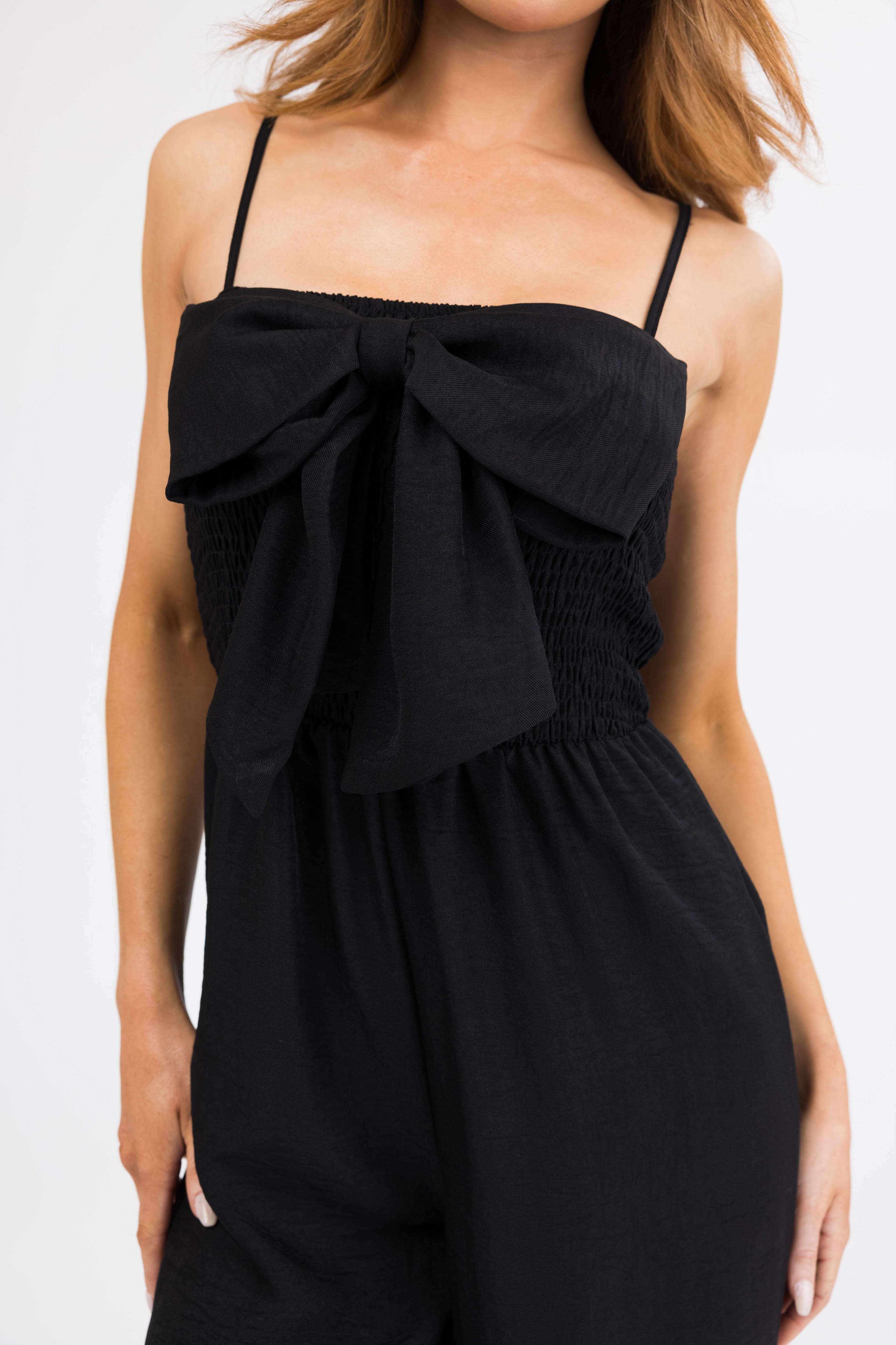 Black Bow Front Smocked Jumpsuit