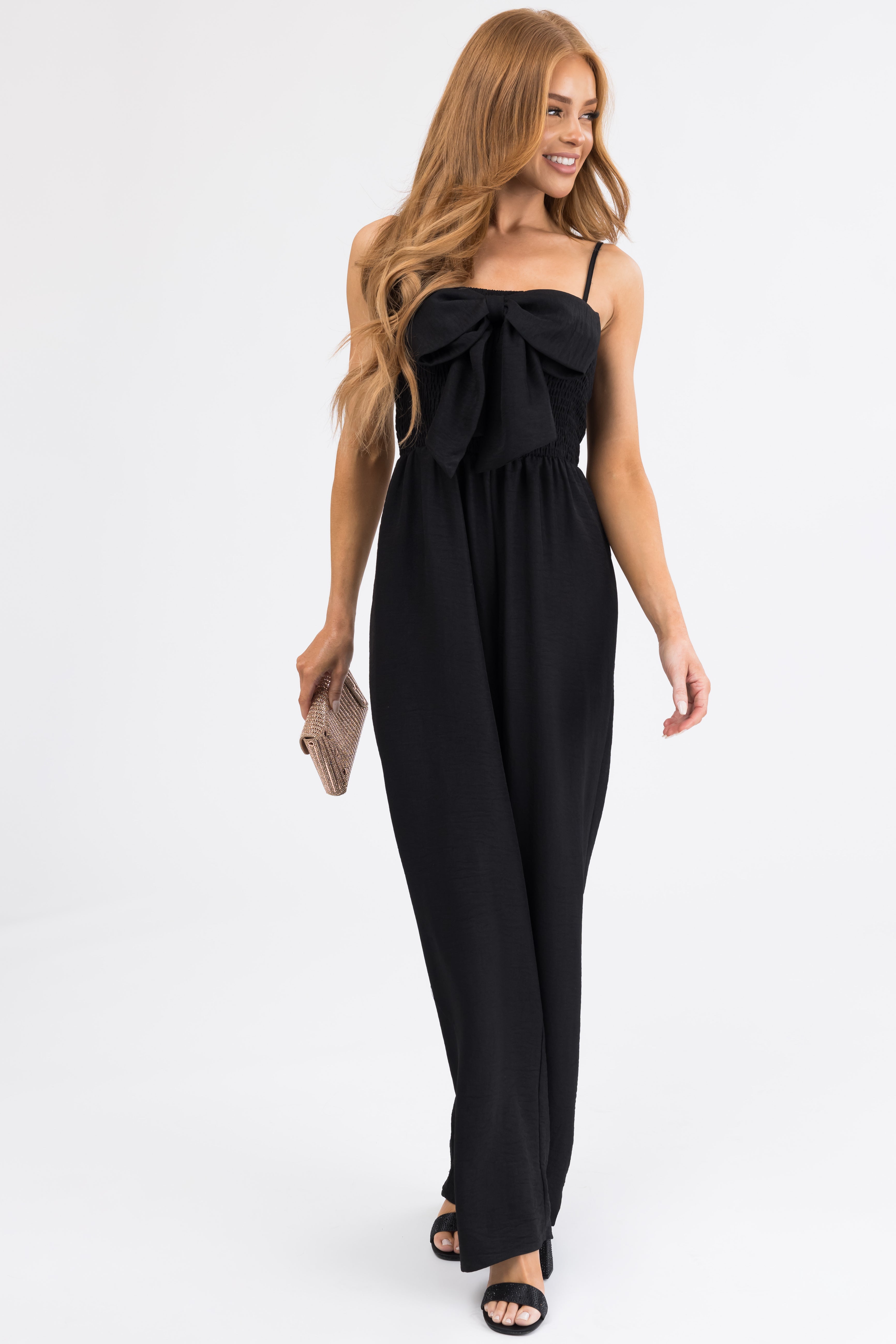 Black Bow Front Smocked Jumpsuit