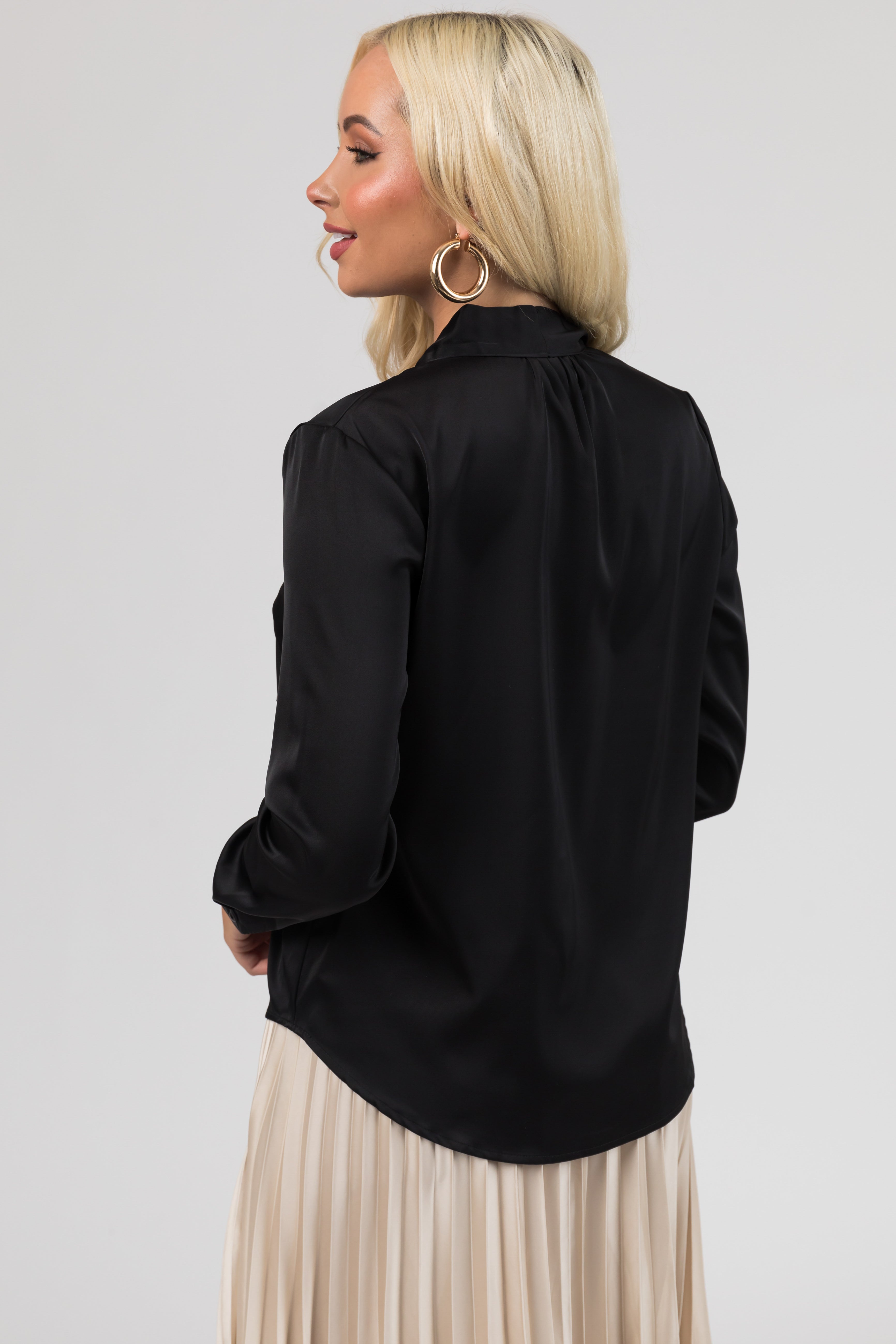 Black Bow Tie Long Sleeve Satin Blouse