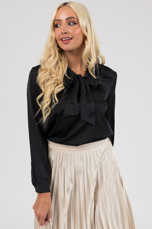 Black Bow Tie Long Sleeve Satin Blouse