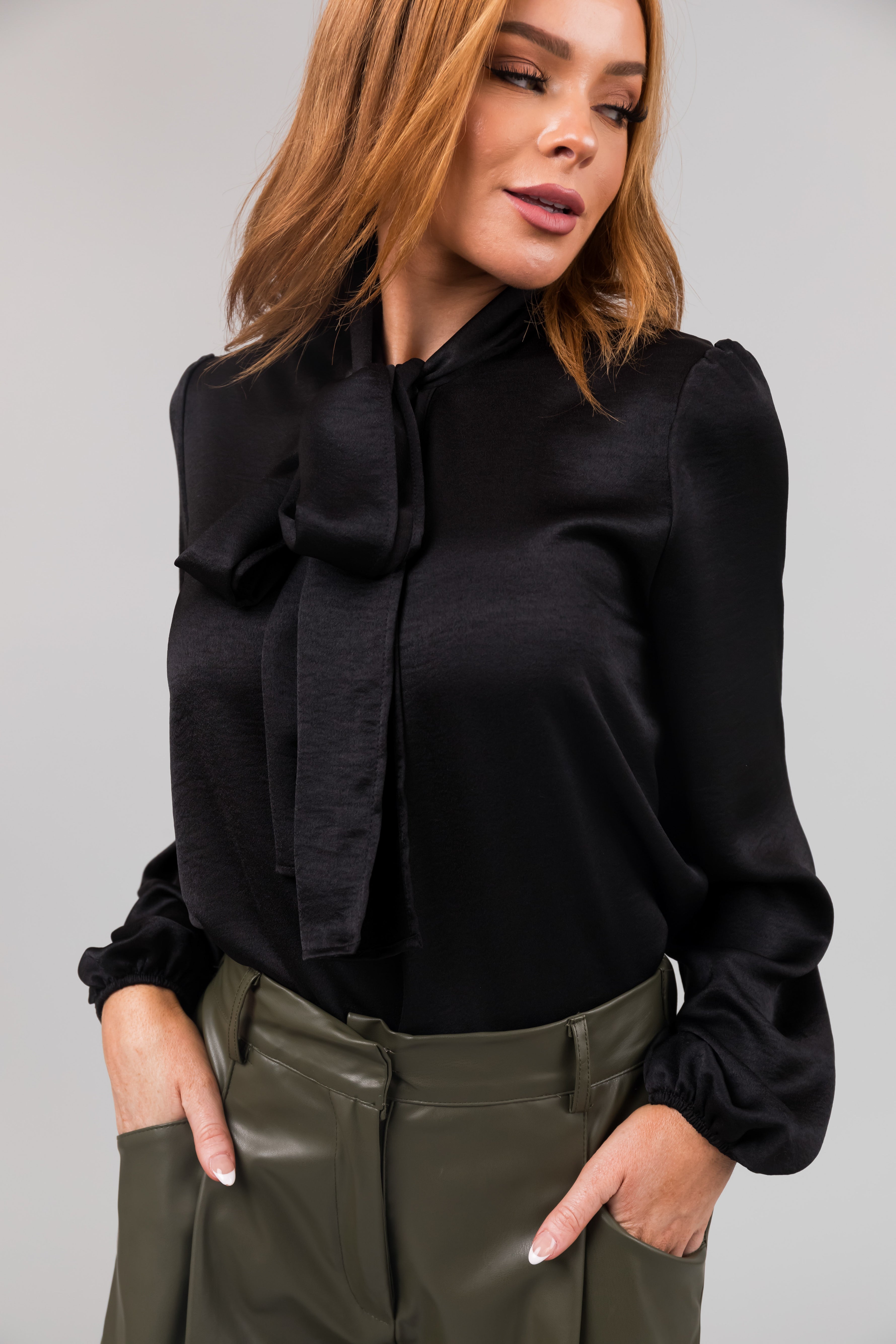 Black Bow Tie Neck Long Sleeve Satin Blouse