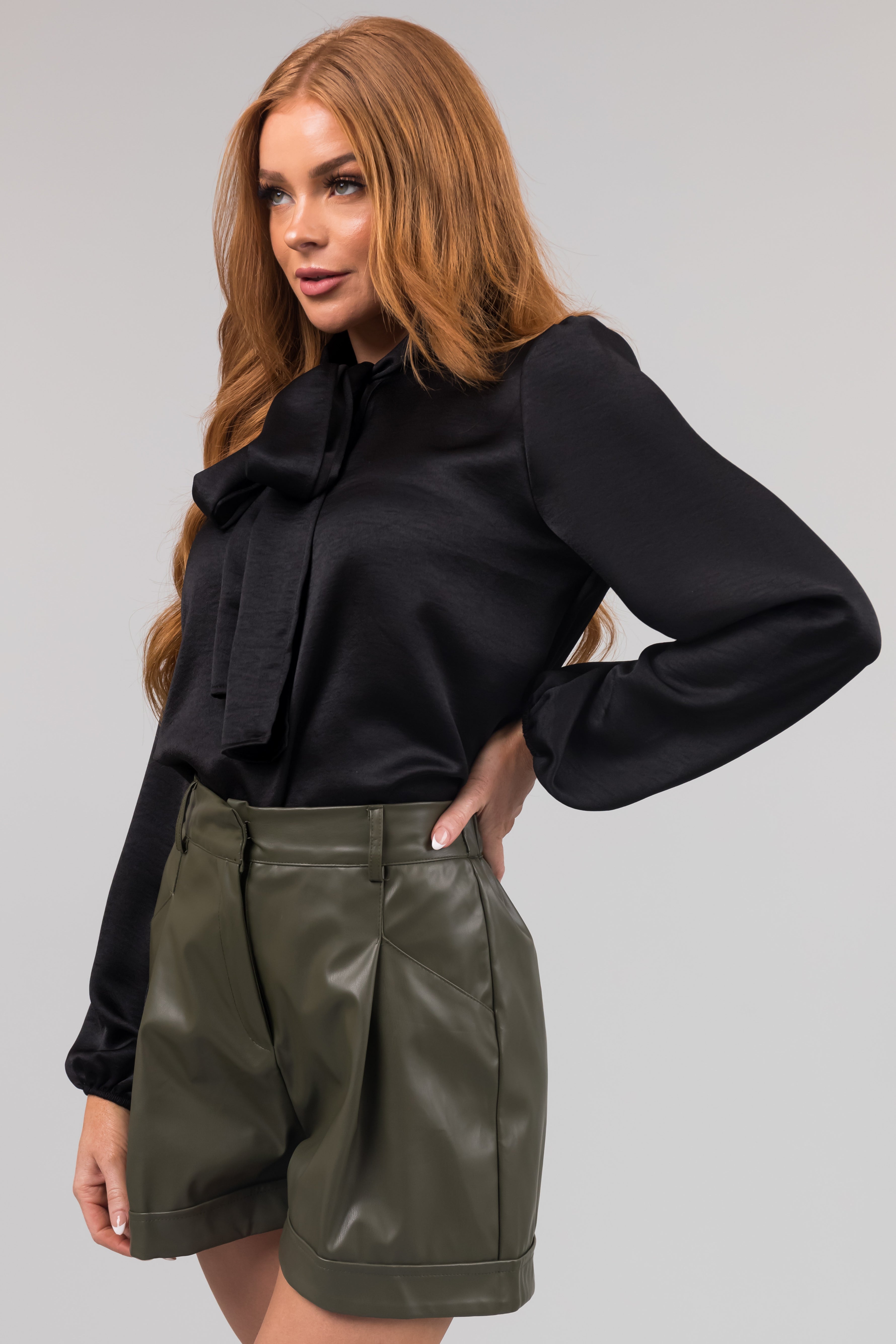 Black Bow Tie Neck Long Sleeve Satin Blouse