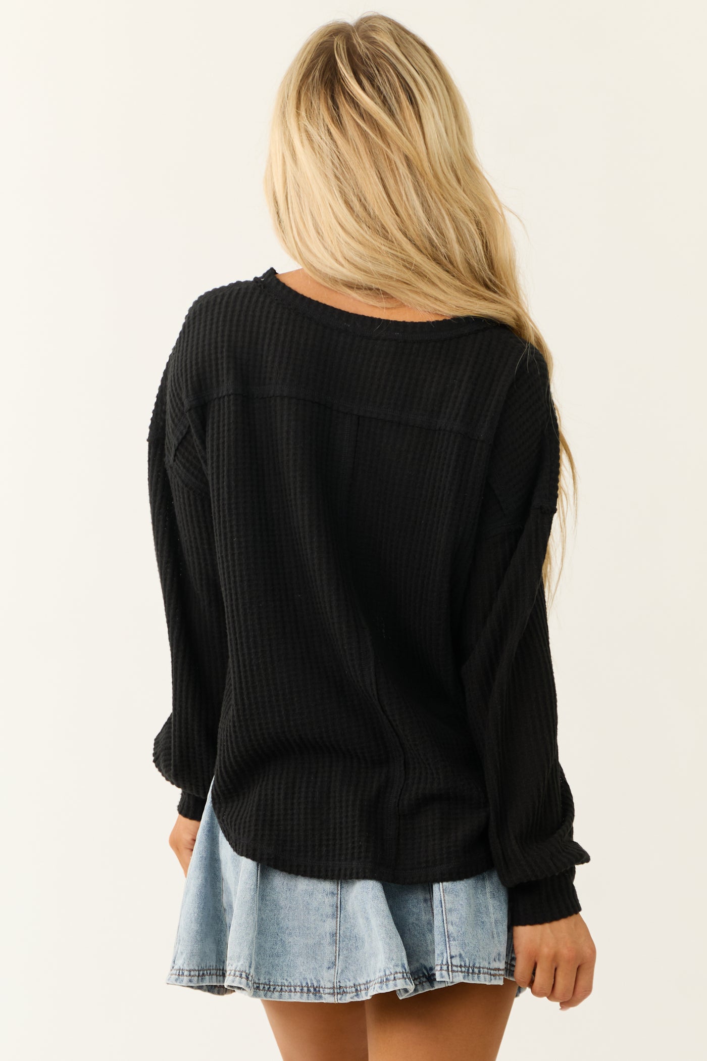 Black Brushed Waffle Knit V Neck Long Sleeve Top