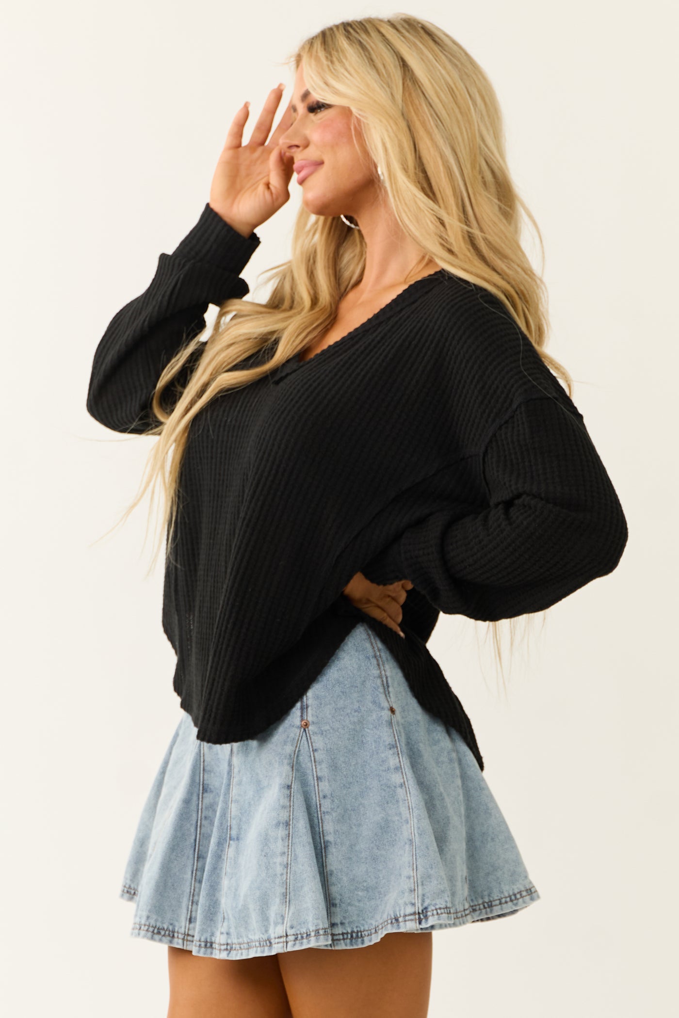 Black Brushed Waffle Knit V Neck Long Sleeve Top