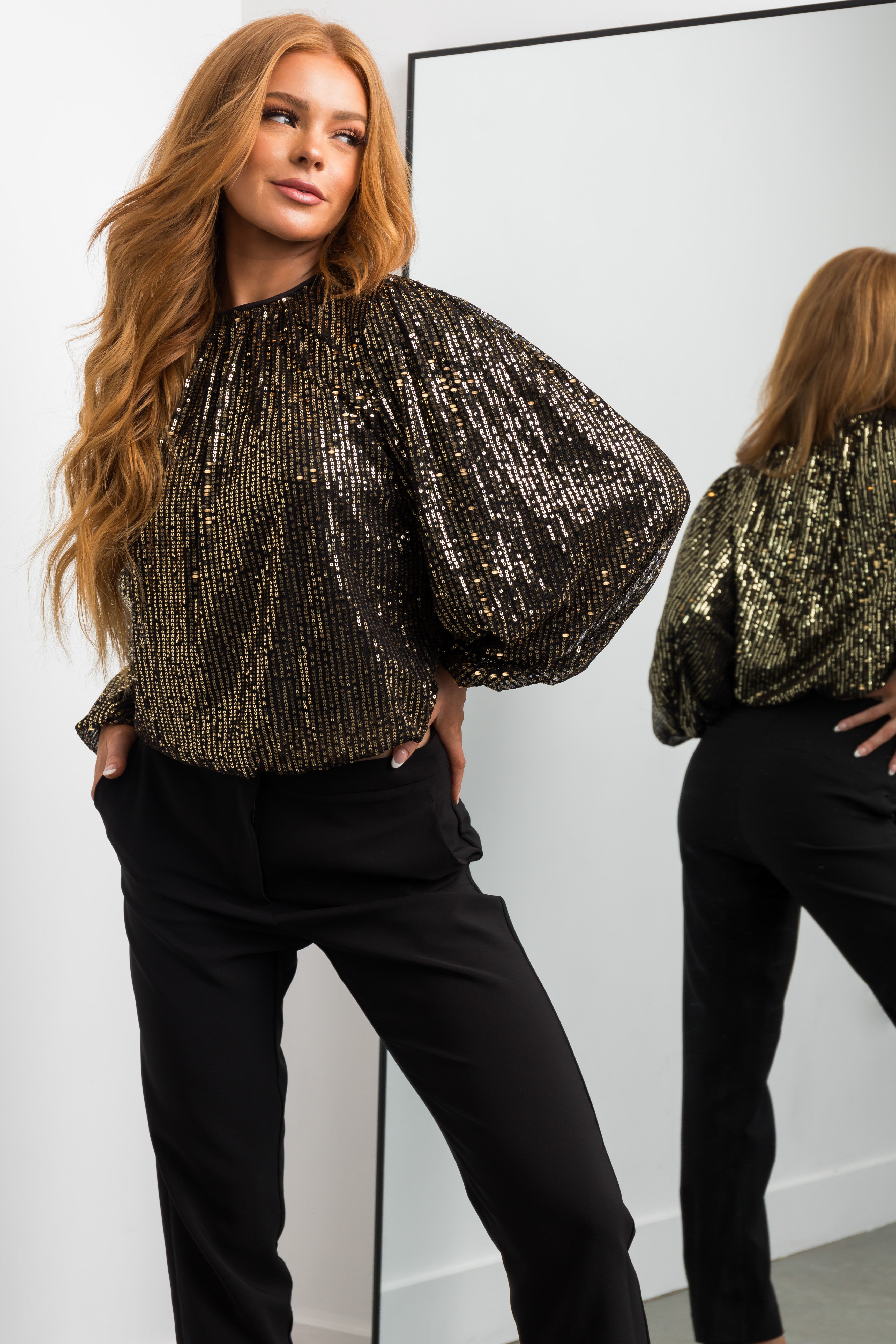 Flying Tomato Black Bubble Long Sleeve Gold Sequin Top | Lime Lush Boutique