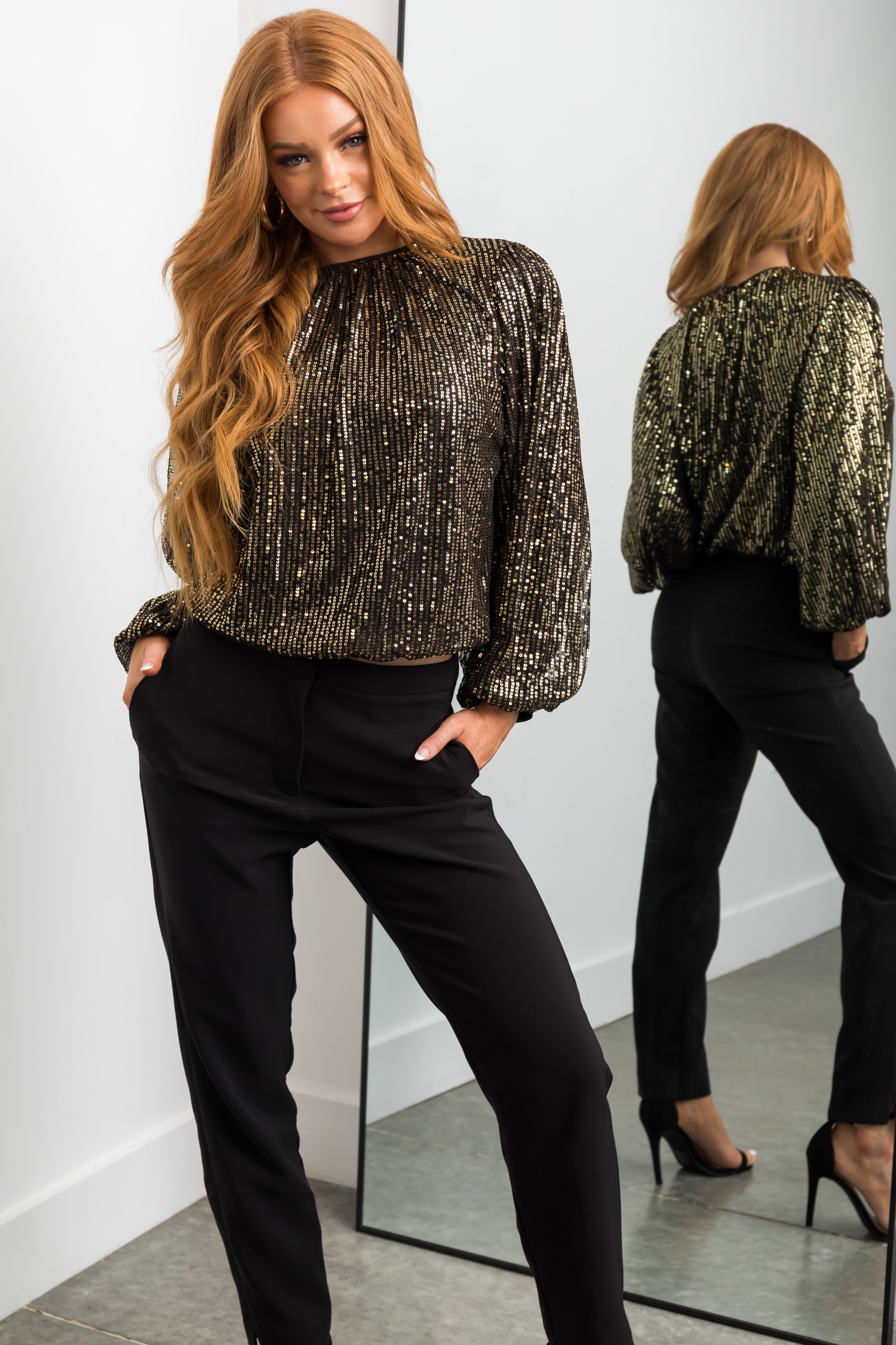 Black Bubble Long Sleeve Gold Sequin Top