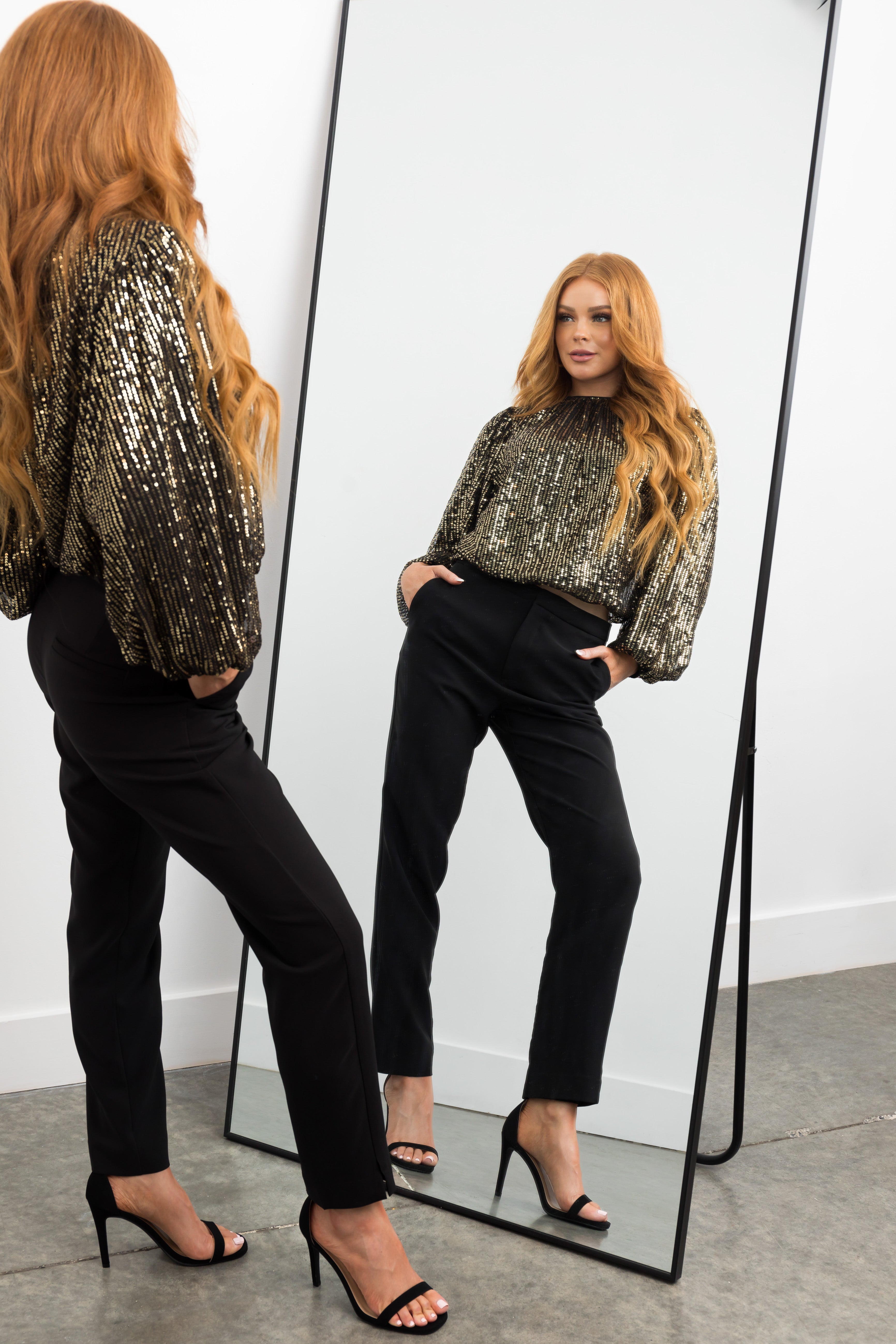 Black Bubble Long Sleeve Gold Sequin Top