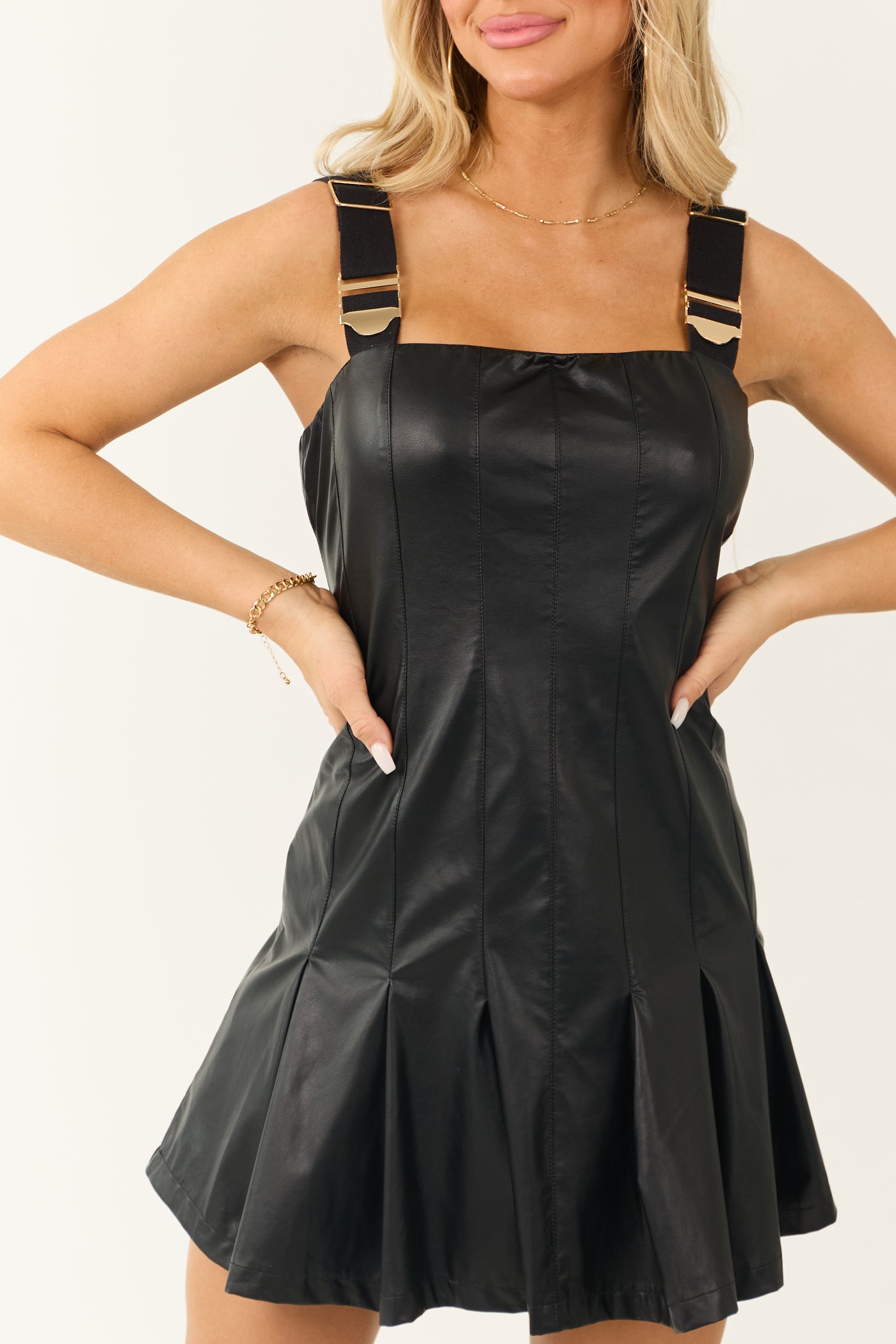 Black Buckle Strap Faux Leather Short Dress