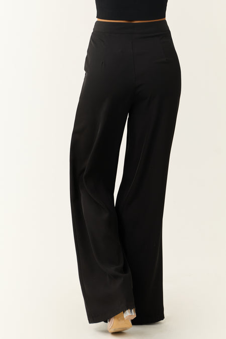 Black Buckle Waist Tie Wide Leg Pants