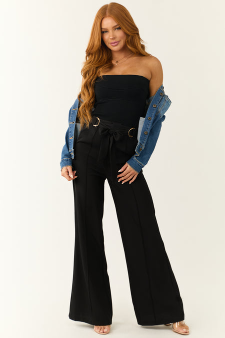 Black Buckle Waist Tie Wide Leg Pants