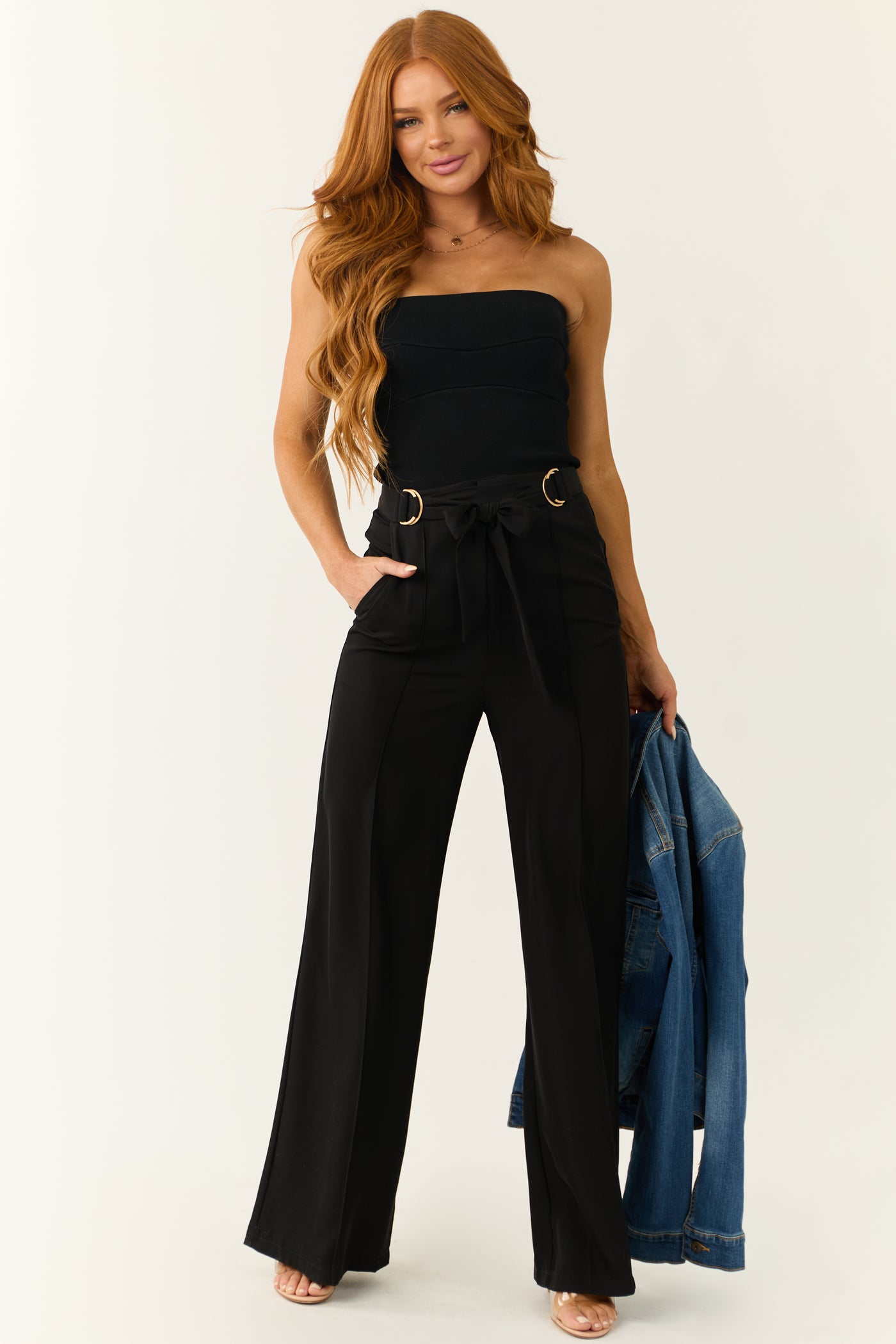 Black Buckle Waist Tie Wide Leg Pants