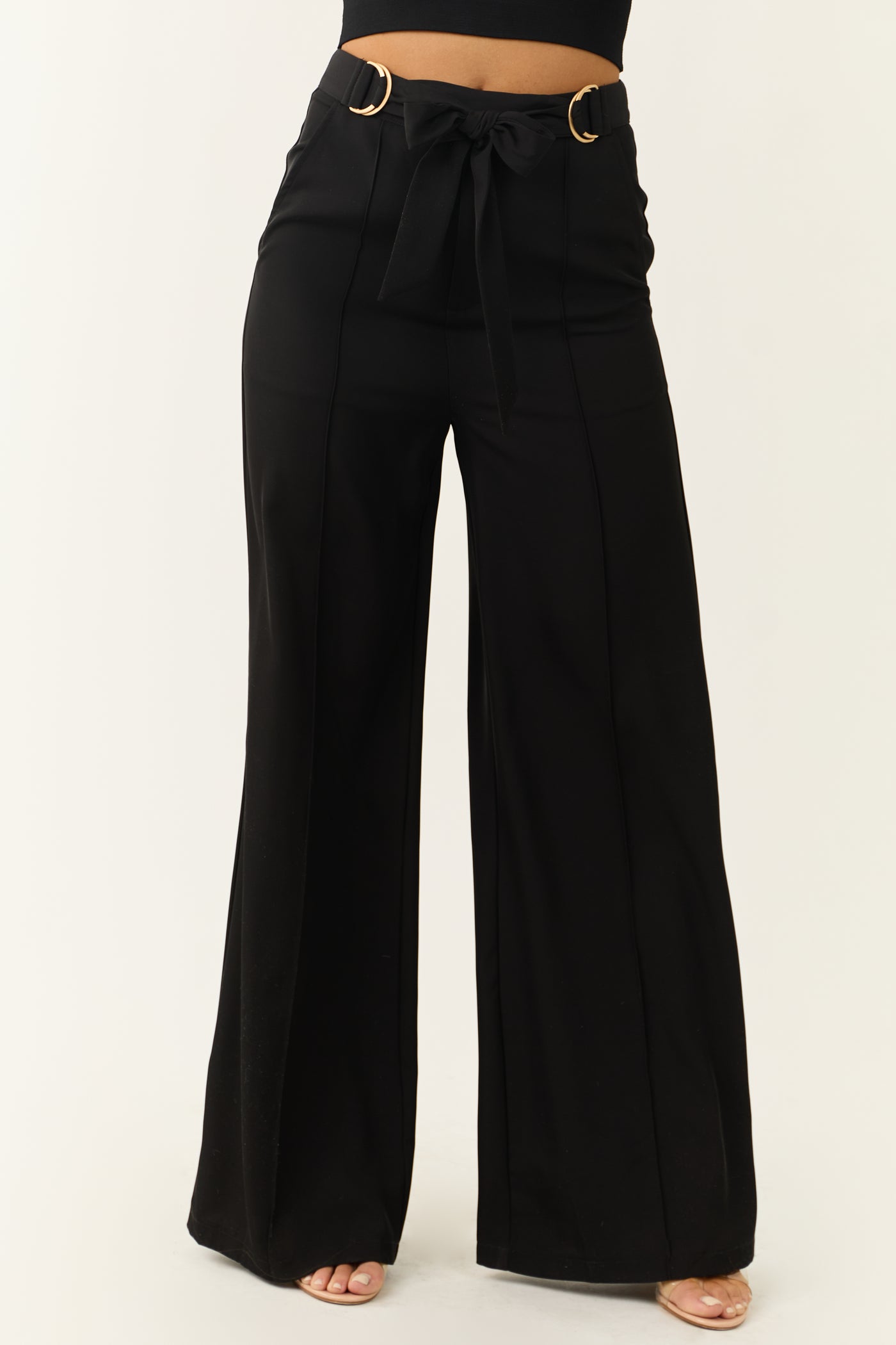 Black Buckle Waist Tie Wide Leg Pants