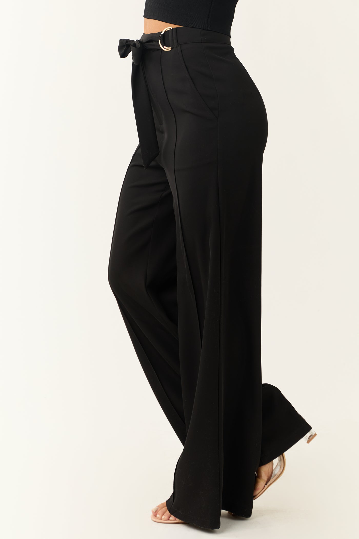 Black Buckle Waist Tie Wide Leg Pants