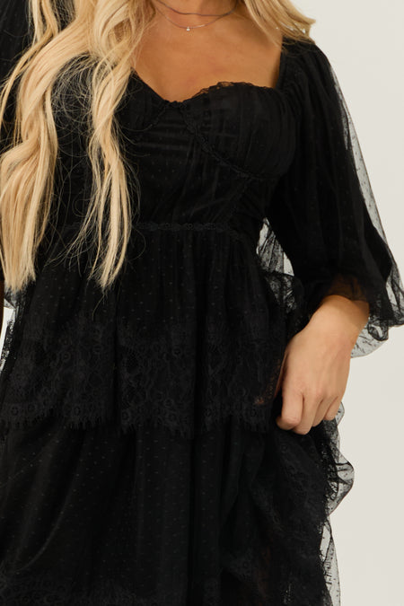 Black Bustier Mesh Lace Tiered Midi Dress