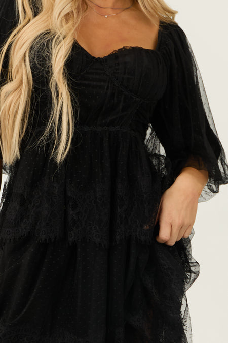 Black Bustier Mesh Lace Tiered Midi Dress