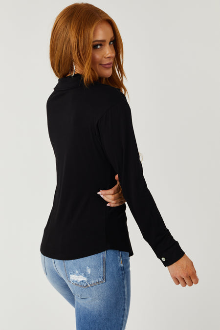 Black Button Down Ruched Front Long Sleeve Top