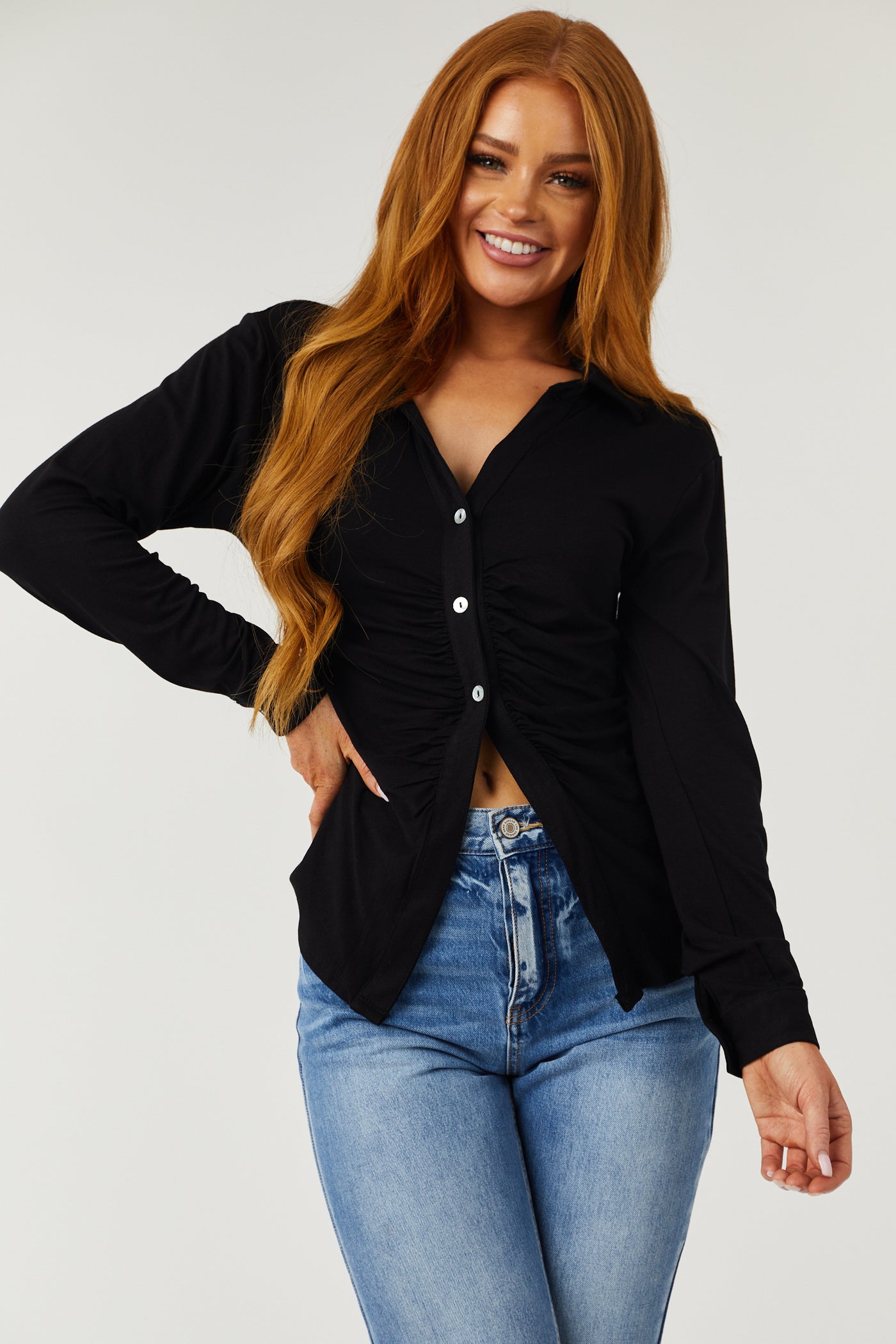 Black Button Down Ruched Front Long Sleeve Top